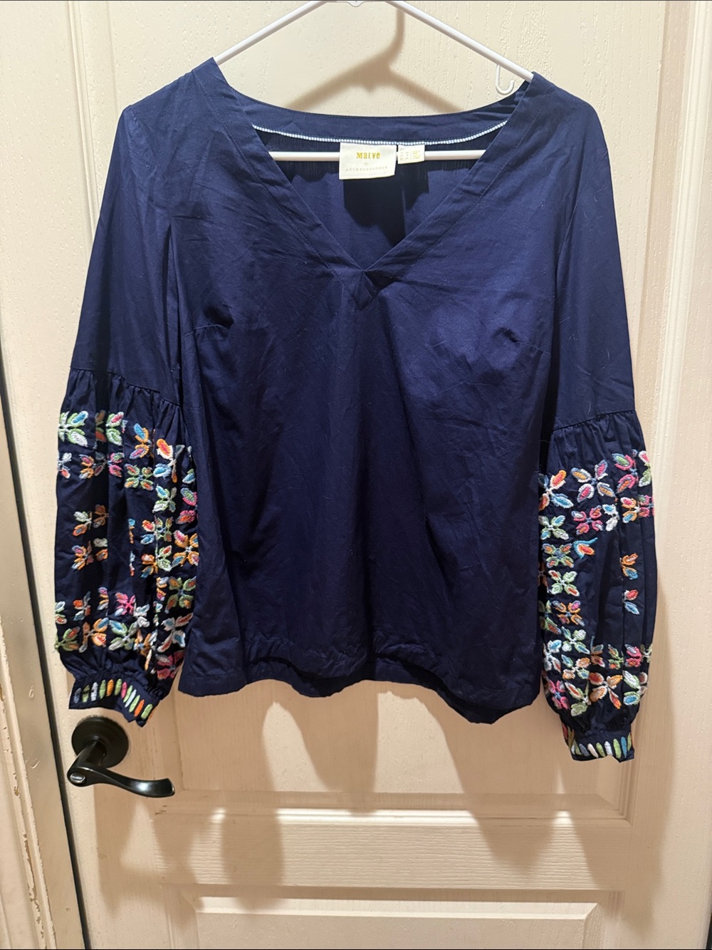 Anthropologie Navy Embroidered Balloon-Sleeve Blouse